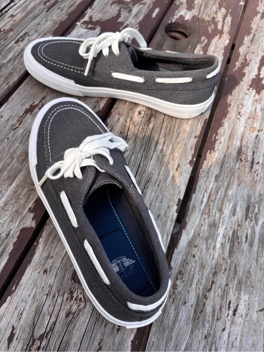 Dockers Canvas Boat Shoe Dark Charcoal Gray Men's Size 9 White Sole Lace Up